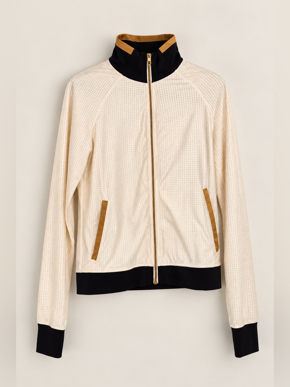 lululemon athletica Cream Perforated Bomber Jacket with Black & Tan Accents